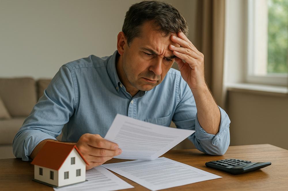 Homme stressé consultant ses documents pour vendre son bien immobilier