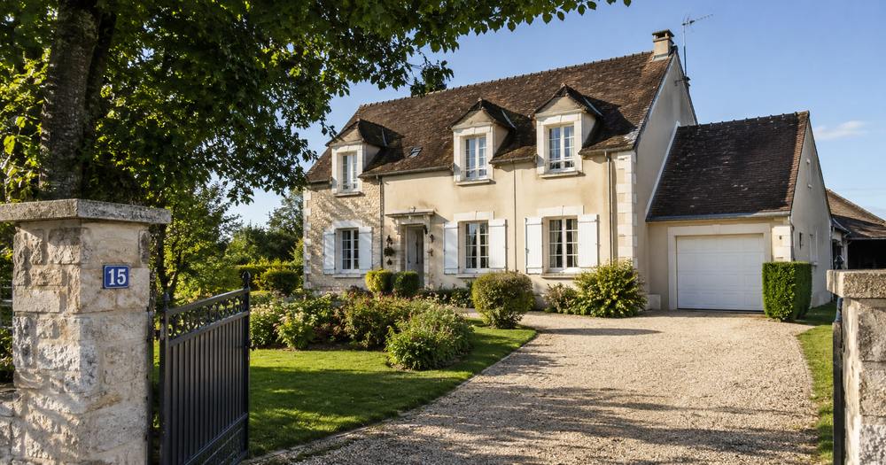 “maison familiale à Nangis”, “jardin au printemps”, “estimation immobilière”, “image d’illustration, ne représente pas un bien proposé à la vente” 