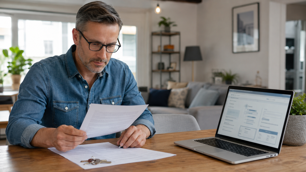 Un propriétaire bailleur consulte les documents relatifs à la déclaration d’occupation de son logement depuis un ordinateur, avec un bail et des clés posés sur la table. Cette illustration accompagne un article consacré aux obligations des propriétaires bailleurs à Nangis avant le 1er juillet 2026.