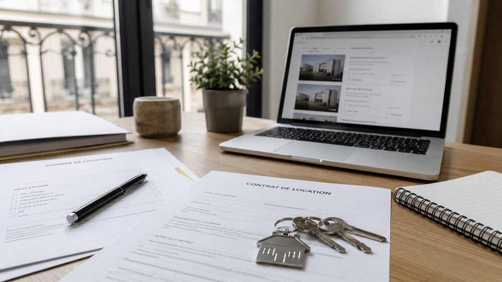 Un propriétaire bailleur prépare un dossier de location avec des clés, un bail et des documents immobiliers sur une table. Cette image illustre les solutions pour éviter la vacance locative à Nangis, notamment l’estimation du loyer, la préparation du logement et la gestion locative.