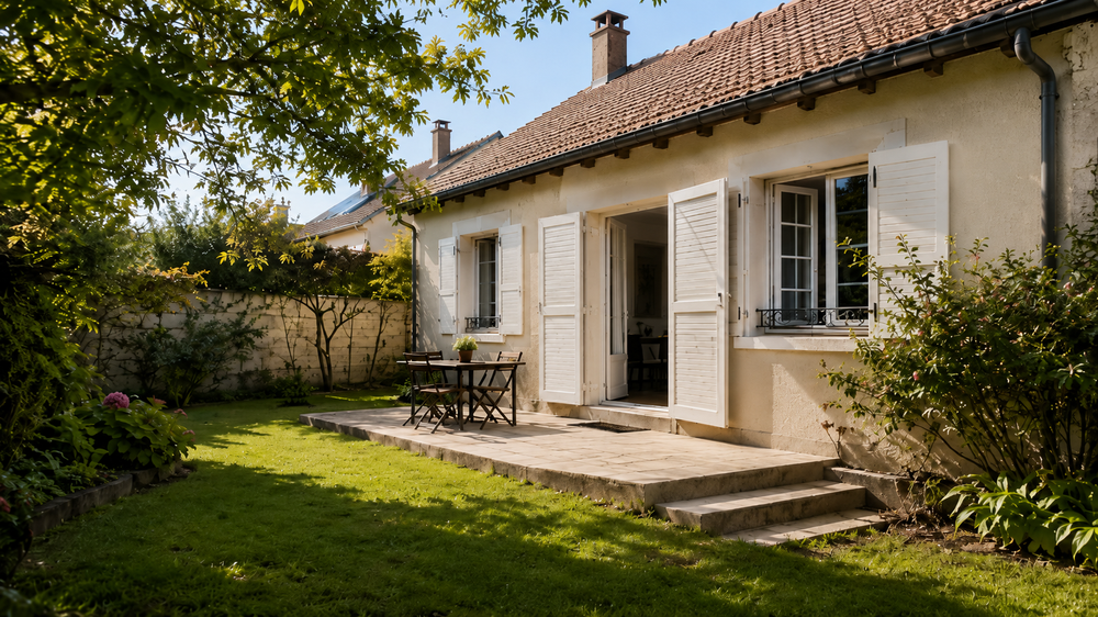 Une maison familiale à Nangis avec jardin entretenu, terrasse rangée et lumière de fin d’été, illustrant la reprise des projets immobiliers à la rentrée 2026. Cette image accompagne un article sur les bonnes pratiques pour vendre ou louer un bien à Nangis en septembre.