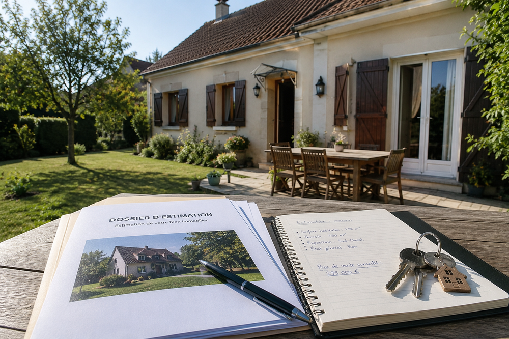 Une maison familiale à Nangis avec jardin entretenu, accompagnée d’un dossier d’estimation immobilière. Cette image illustre l’importance de fixer le bon prix de vente à la rentrée 2026 pour vendre une maison ou un appartement dans les meilleures conditions.