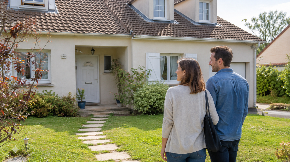 Un jeune couple consulte un dossier immobilier devant une maison familiale à Nangis, illustrant les étapes importantes d’un premier achat immobilier en 2026 : budget, financement, travaux, DPE et choix du logement.