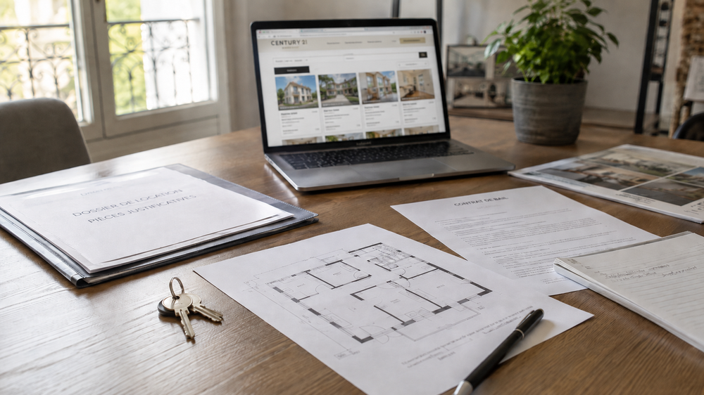 Un dossier d’investissement locatif posé sur un bureau avec des clés, un bail et des documents immobiliers. Cette image illustre un projet d’achat locatif à Nangis, avec analyse de la rentabilité, estimation du loyer et gestion du bien.