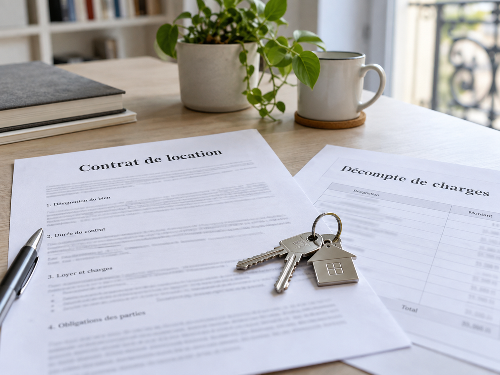 Un dossier de location posé sur une table avec un bail, des clés, des quittances et un décompte de charges. Cette image illustre la répartition des charges entre propriétaire et locataire dans le cadre d’une location immobilière à Nangis.