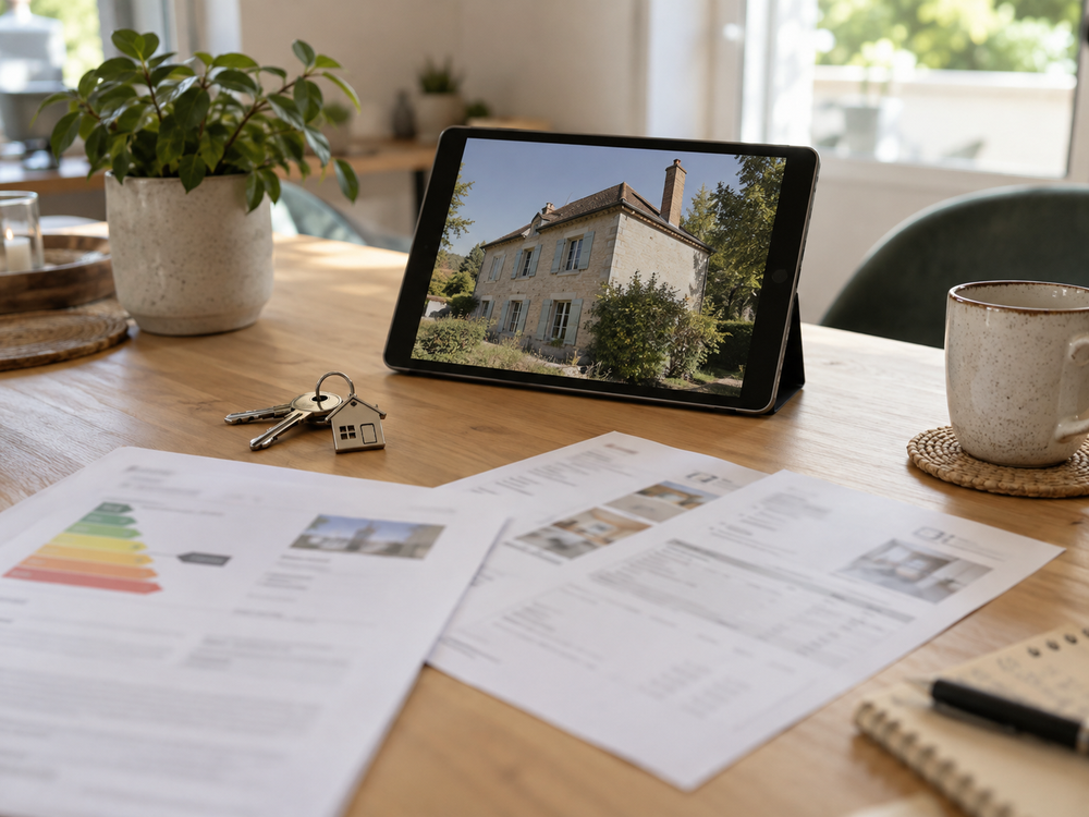 Un dossier immobilier avec un diagnostic de performance énergétique, des clés et des documents de rénovation posés sur une table. Cette image illustre les questions à se poser avant de vendre ou louer un bien énergivore à Nangis : DPE, audit énergétique, travaux, estimation et stratégie de commercialisation.