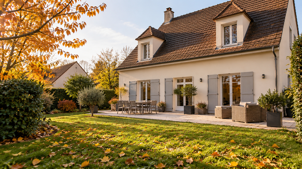 Une maison familiale à Nangis en automne, avec jardin entretenu, feuilles au sol et ambiance lumineuse de vacances de Toussaint. Cette image illustre les opportunités de visite, de vente ou de location immobilière pendant les vacances scolaires.