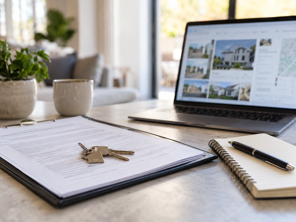 Un propriétaire bailleur consulte un dossier de location avec des clés, un bail et un tableau de suivi locatif posés sur une table. Cette image illustre le choix entre gérer seul un bien immobilier à Nangis ou confier la gestion locative à une agence locale.